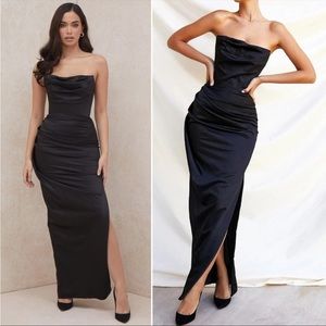 House of CB Adrienne Black Satin Strapless Corset Ruched Maxi Dress